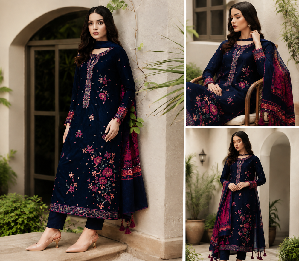 Jazmin Navy Blue Floral Embroidered 3-Piece Suit