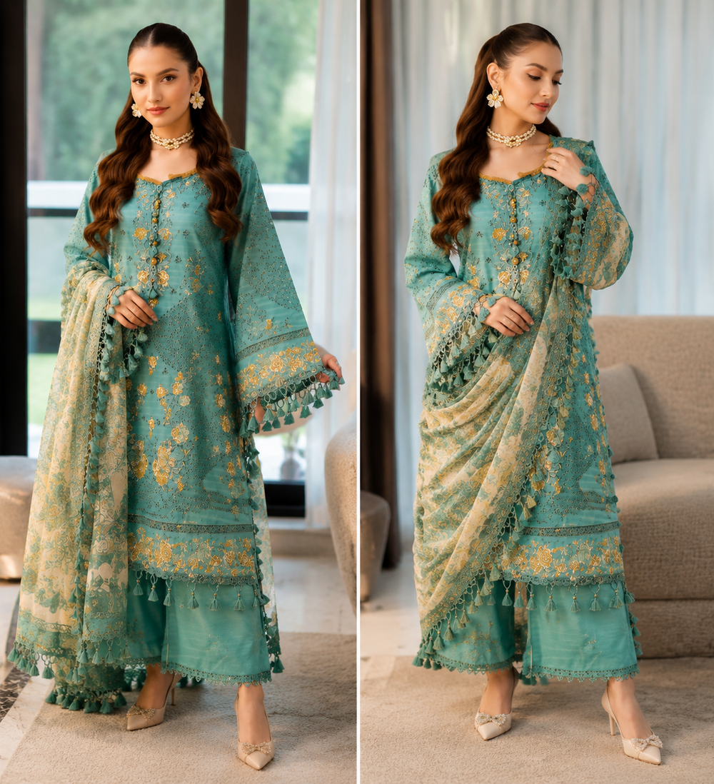 Lawn-3PC Chikankari Embroidered With Digital Printed Jacquard Dupatta