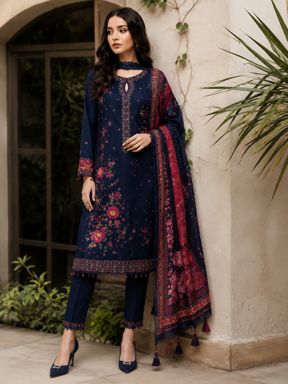 Jazmin Navy Blue Floral Embroidered 3-Piece Suit