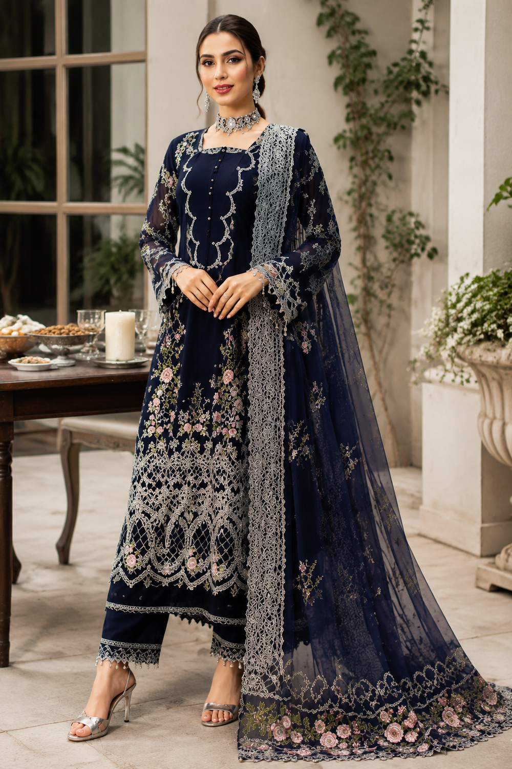 Navy Blue Luxury Embroidered 3-Piece Suit