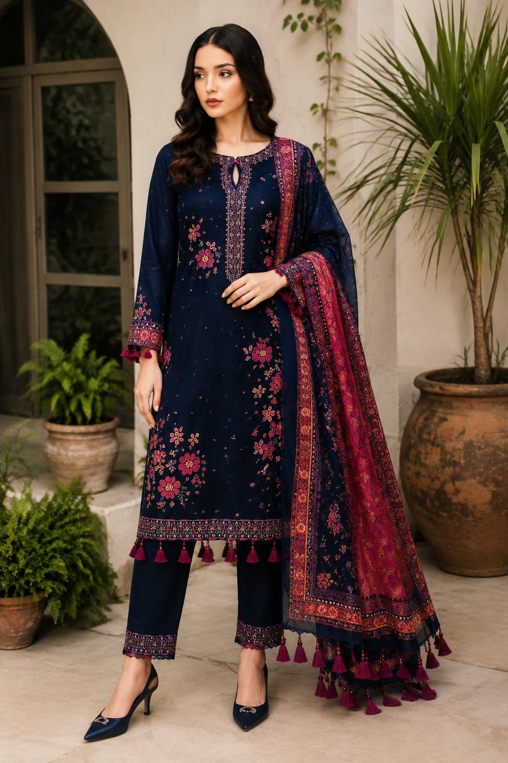 Jazmin Navy Blue Floral Embroidered 3-Piece Suit