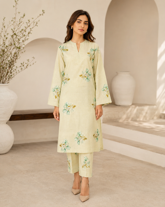 Imported Embroidered Digital Lawn 2PC Lemon worn by model
