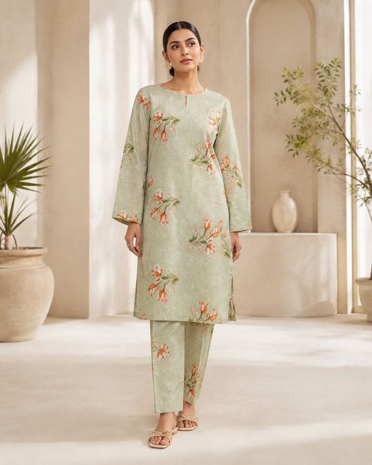 Imported Embroidered Digital Lawn 2PC Light Pistachio worn by model