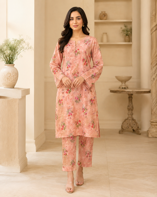 Imported Chickenkari Embroidered Lawn 2PC Peach worn by model