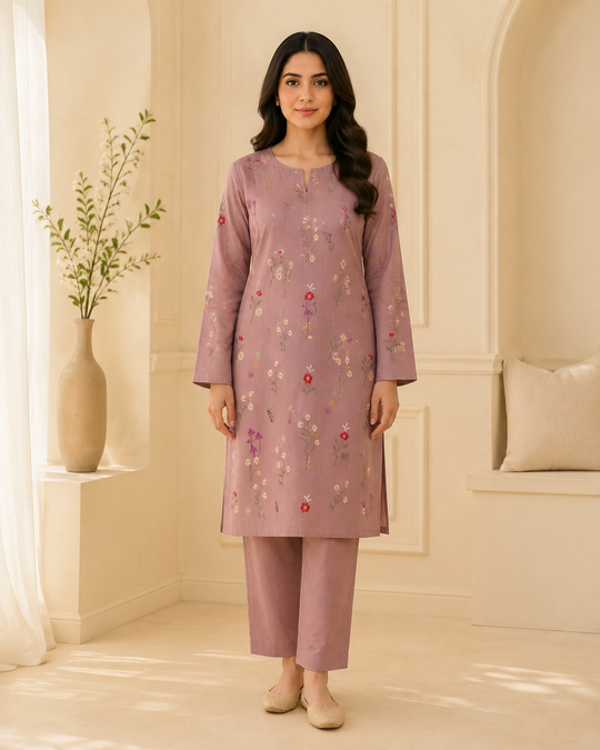 Pinterest Plain Embroidered Lawn 2PC Design 01 worn by model