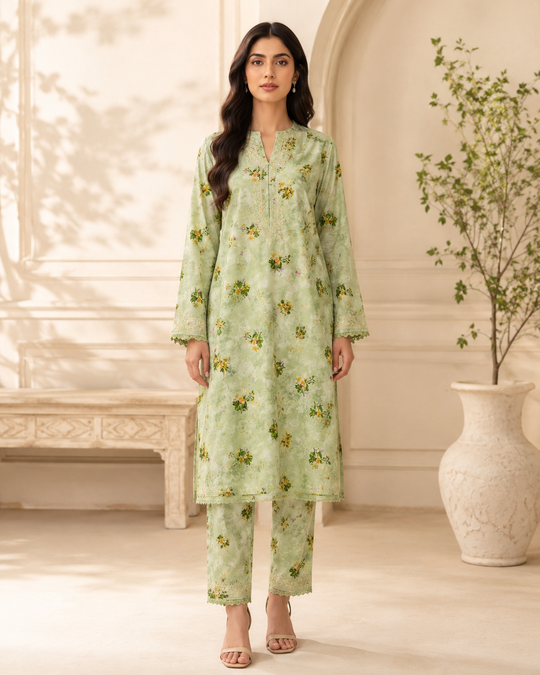 Imported Chickenkari Embroidered Lawn 2PC Pistachio worn by model