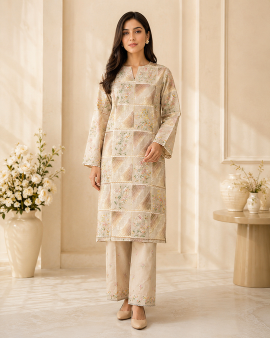 Imported Chickenkari Embroidered Lawn 2PC Skin worn by model