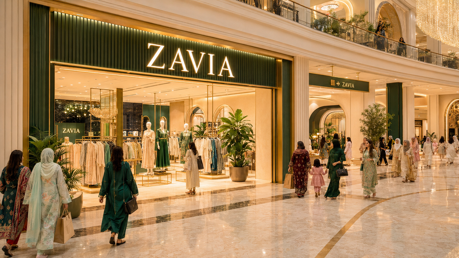ZAVIA premium fashion shopping mall with customers and clothing displays